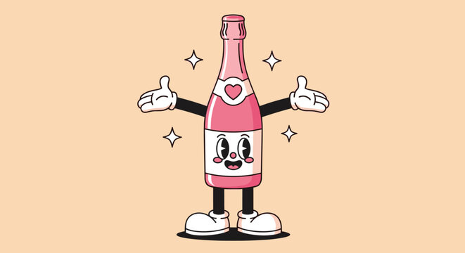 Animated Champagne Bottle Character Spreading Joy and Celebration, Perfect for Festive Invitations, Party Decorations, Events, or Social Media Content Featuring a Cartoon Style wit.