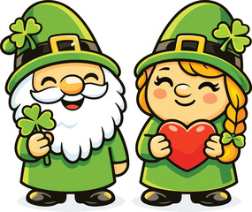Cute St Patrick&rsquo;s Day Leprechaun Gnome Couple Holding Heart and Shamrock Cartoon Vector Illustration for Irish Holiday Love Design