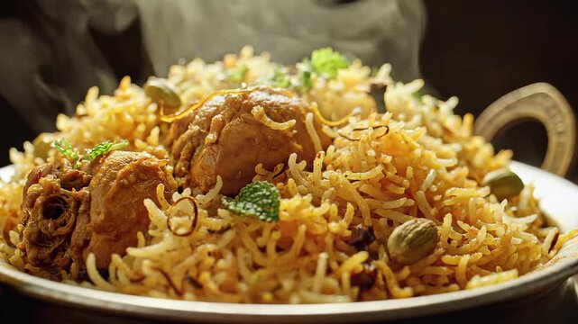 Steaming Chicken Biryani in a traditional Indian pot on wooden table