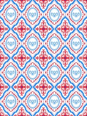 Seamless Folk Geometric Pattern in Red and Blue with Decorative Motifs