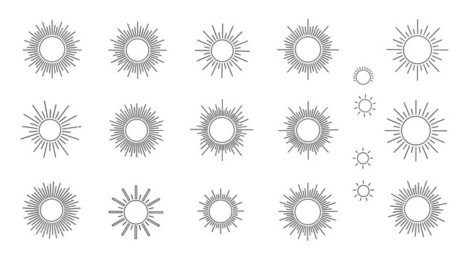 Large collection of various sunburst and sun icons with ray lines for weather summer nature and heat design elements.