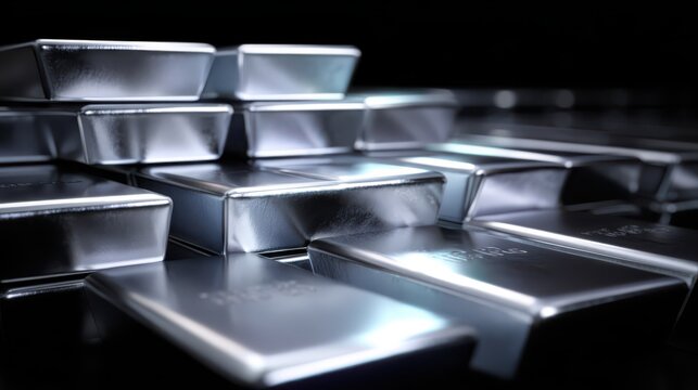Tangible asset silver bars investment Stack of shiny silver bullion bars in dark background, precious metal investment concept