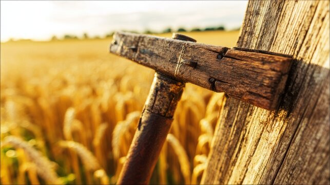 flail. An old, worn flail discarded in a wheat field with textured wood and leather. safety posters, maintenance manuals, designed for precision metalworking and fabrication facilities.
