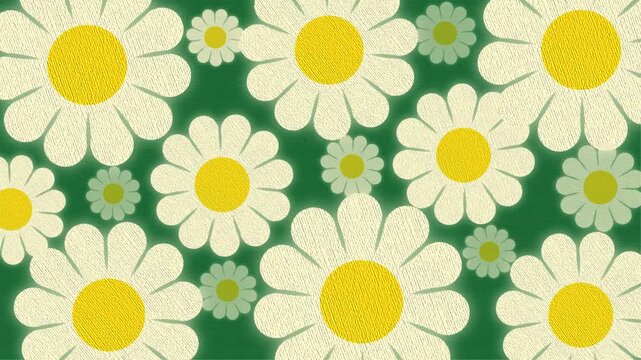 4K video collection cute pattern of floral yellow daisy Chamomile flower popped looping and rotate motion graphic on green background, seamless background with flowers, repeated geometric motif video
