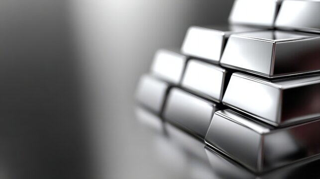 Tangible asset silver bars investment Stacked silver bullion bars close up with copy space, precious metal investment and wealth concept