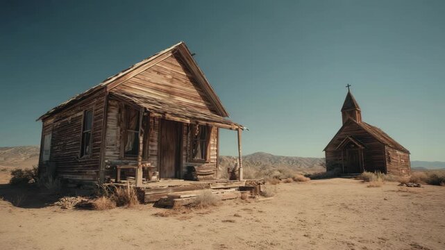 Old house and wooden building with rustic church in desert landscape, dry grass under clear sky, abandoned rural western scene, weathered wood, solitude, nostalgia, remote arid environment