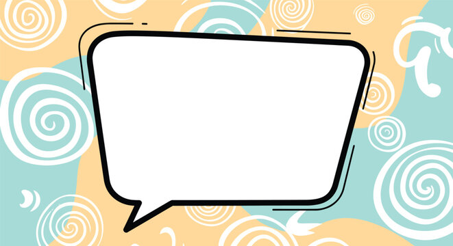 Large blank white speech bubble with a black outline set against a playful light blue and orange spiral pattern background.