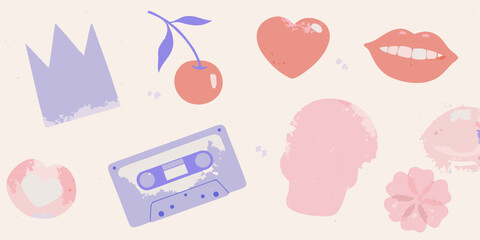 Obraz premium Aesthetic collage featuring lips hearts cherries and vintage elements