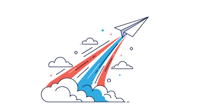 Inspirational illustration of a paper airplane taking off towards the sky with bright red and blue exhaust streaks and stylized clouds.