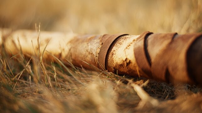 flail. An old, worn flail discarded in a wheat field with textured wood and leather. safety posters, maintenance manuals, designed for precision metalworking and fabrication facilities.
