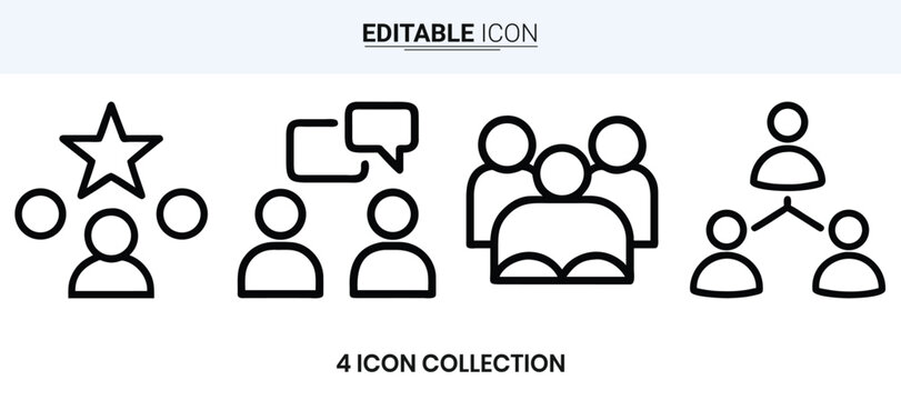 Four simple line icons depicting a star chat group and individual people