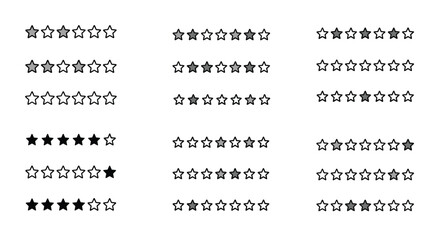 Comprehensive collection of eighteen five-star rating bars showing various levels of score from zero to five stars in a simple style.