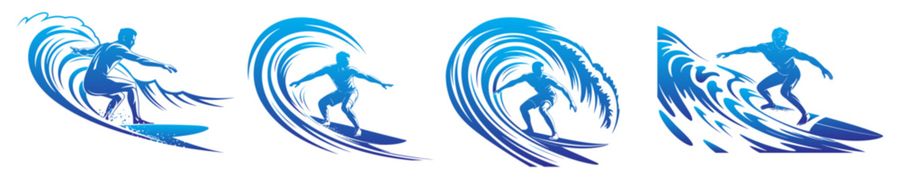 Surfer's silhouette collection, male figure with surfboard, wave itself is stylized with flowing, sport concept vector art.