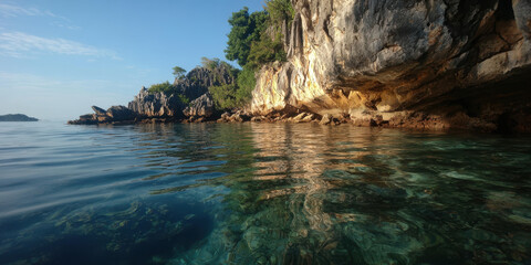 Obraz premium Crystal Clear Water Surrounding Rocky Coastal Cliffs
