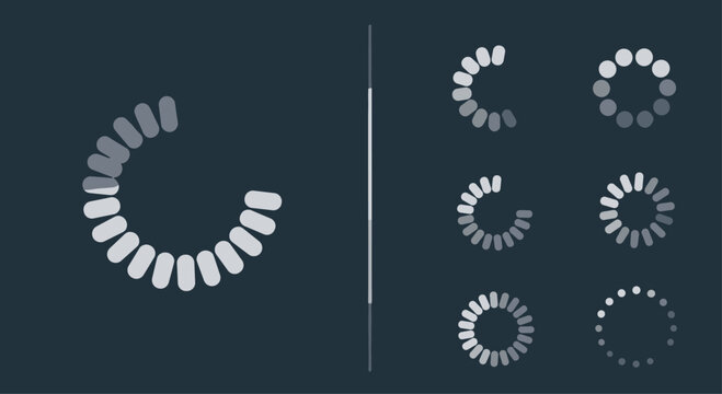 Loading indicator icons set featuring various circular progress bars and spinner animations on a dark gray background.