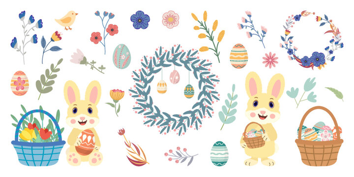 Set of Easter elements Cute bunnies, colorful eggs, spring flowers, Easter wreaths, basket with eggs flowers Perfect for holiday cards, invitations, decorations, kids designs, festive spring projects