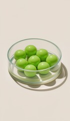 Glass bowl filled with many green gumballs on a soft cream colored background for vibrant candy display