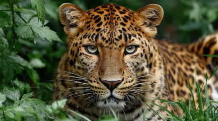 Fototapeta premium Leopard Peering Out From Dense Green Foliage
