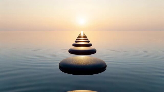 Balanced Stone Stack Over Calm Ocean at Sunrise with Soft Reflections Creating a Peaceful Minimal Seascape for Relaxation