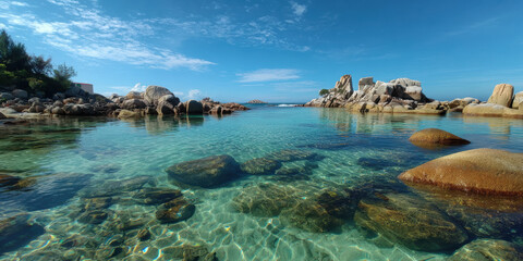 Obraz premium Clear Shallow Waters Over Large Rocks on a Sunny Day