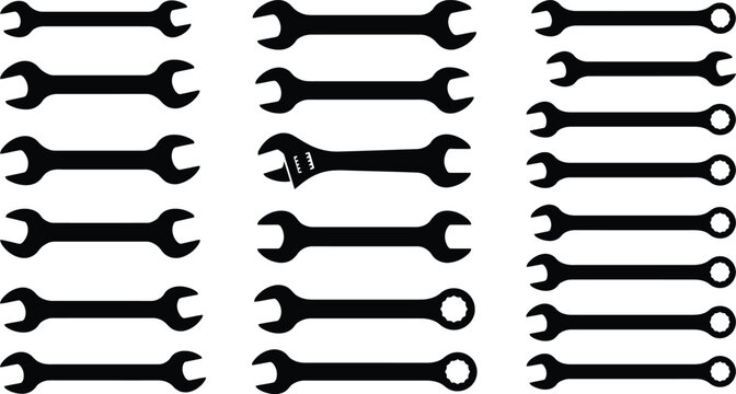 Black Wrench Silhouette Vector Set &ndash; Mechanic Hand Tool Illustration