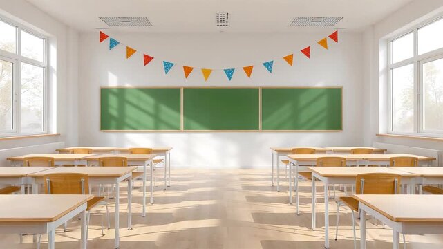 Bright Empty Classroom Interior with Wooden Desks, Green Chalkboard, and Colorful Bunting Ready for Learning in a Modern School Space