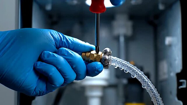 Close up of hand adjusting clamp with screwdriver on pipe in room or Close up of hand working on pipe with tool in room