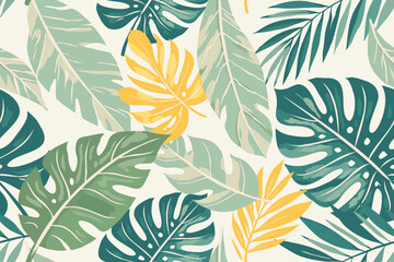 Fototapeta premium Seamless tropical leaves pattern with green and yellow monstera banana palm foliage on light background modern botanical design for fabric wallpaper.