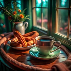 coffee and churros on wooden table near window with flowers and warm morning light