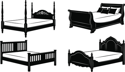 Wooden Bed Silhouette Vector Set &ndash; Classic Furniture and Home Decor Illustration