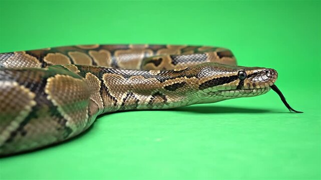 Brown snake with distinctive pattern on green background.