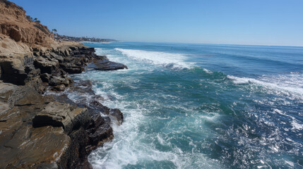 Rocky shoreline with crashing waves under clear blue sky