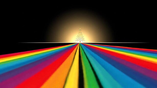 Abstract geometric rainbow with light rays on black background