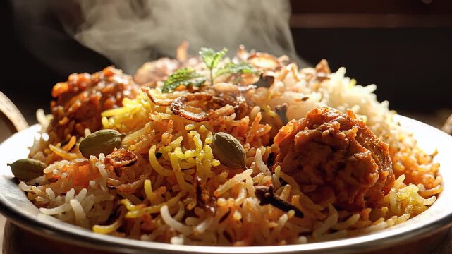 Hot Steaming Chicken Biryani Served in a Traditional Pot