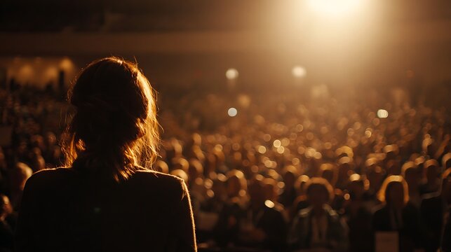Silhouette of a woman facing a large audience illuminated by warm stage lighting