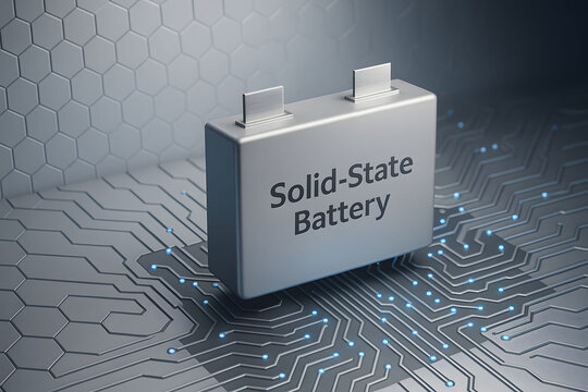 Solid-State Battery Standing on Futuristic Circuit Board