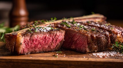 porterhouse. Perfectly sliced dry aged porterhouse steak with herbs on rustic wood, showcasing gourmet presentation. menu design.
