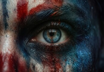 Naklejka premium intense close-up of a striking blue eye with patriotic red, white, and blue face paint, symbolizing strength and determination.