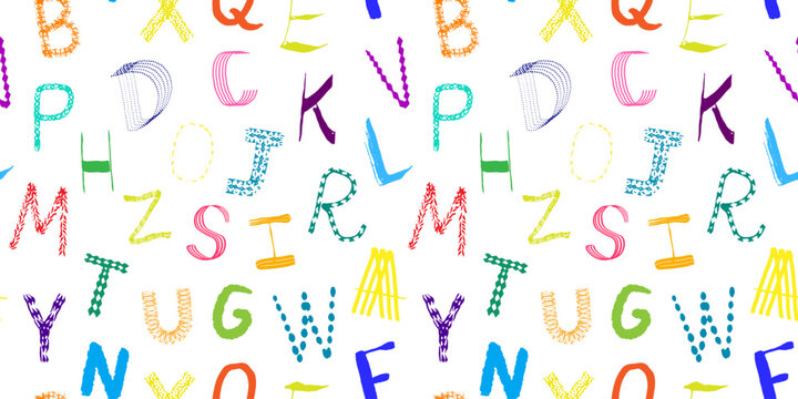 Seamless pattern with colorful letters. Background hand drawn alphabet. Funny doodle letters. Vector illustration on transparent background.