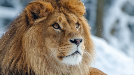Naklejka premium Majestic Lion in Snowy Landscape