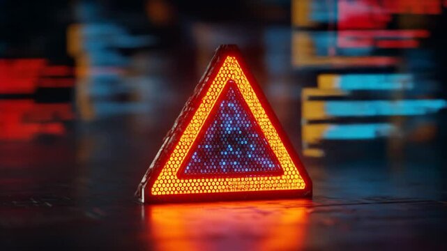 Warning triangle illuminated on dark surface against technology backdrop