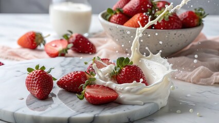 Fresh strawberries splashing into cream on marble surface, dynamic food photography concept, summer fruit dessert idea, dairy splash motion, vibrant natural snack, kitchen blog or packaging image