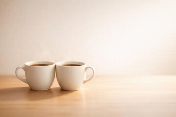 Fototapeta premium Two Mugs of Coffee, Side by Side, on a Wooden Table in a Bright Room