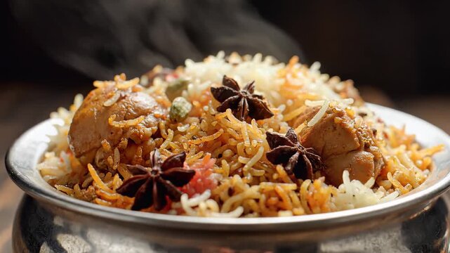 Steaming Chicken Biryani served in traditional metal bowl Authentic Indian Cuisine