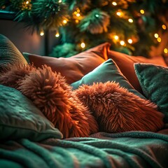 cozy holiday room with pillows blanket and christmas tree glowing in warm night atmosphere