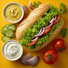 A fresh gourmet sandwich on white bread features layers of ham, cheese, and healthy vegetables like lettuce and tomato for a delicious lunch or snack plate