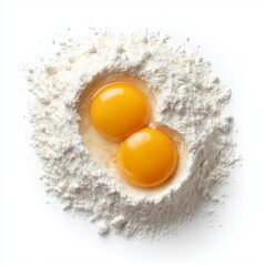Fresh raw eggs with bright yellow yolks and white flour are essential healthy cooking ingredients for baking a protein-rich breakfast meal isolated on a clean kitchen plate