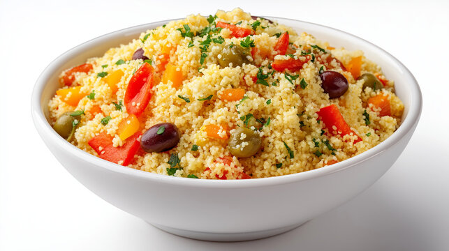 fluffy couscous with vegetables in a bowl on white background