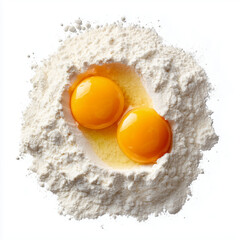 Fresh raw eggs with bright yellow yolks and white flour are essential healthy cooking ingredients for baking a protein-rich breakfast meal isolated on a clean kitchen plate