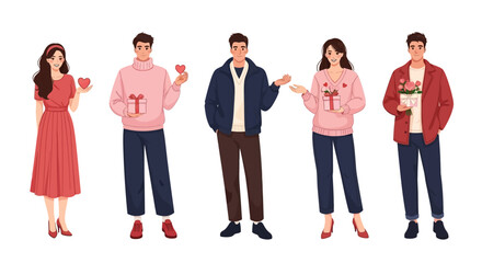 Obraz premium Diverse Group of People Exchanging Gifts and Hearts, Celebrating Love and Friendship